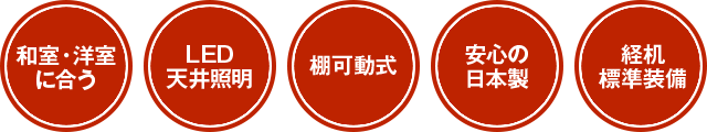 和室・洋室に合う、LED天井照明、棚可動式、安心の日本製、経机標準装備